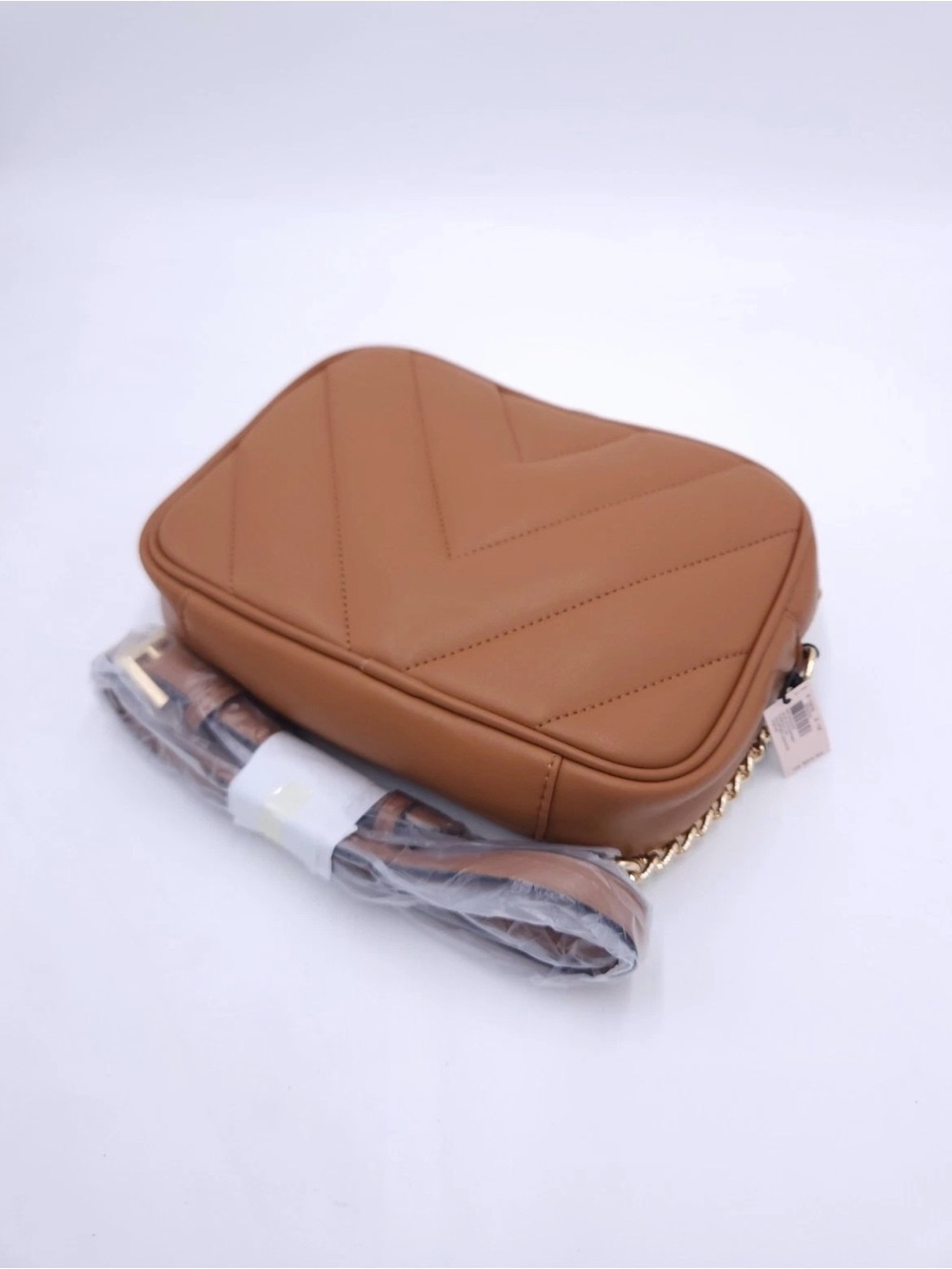 Victoria's Secret Tan Quilted Crossbody with Gold Chain